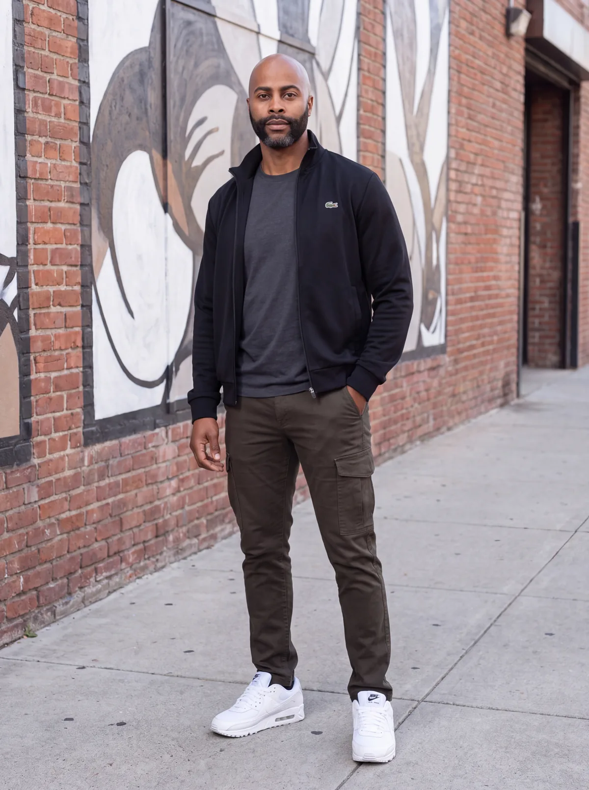 Chris Conley standing on a sidewalk beside a brick wall with a painted mural
