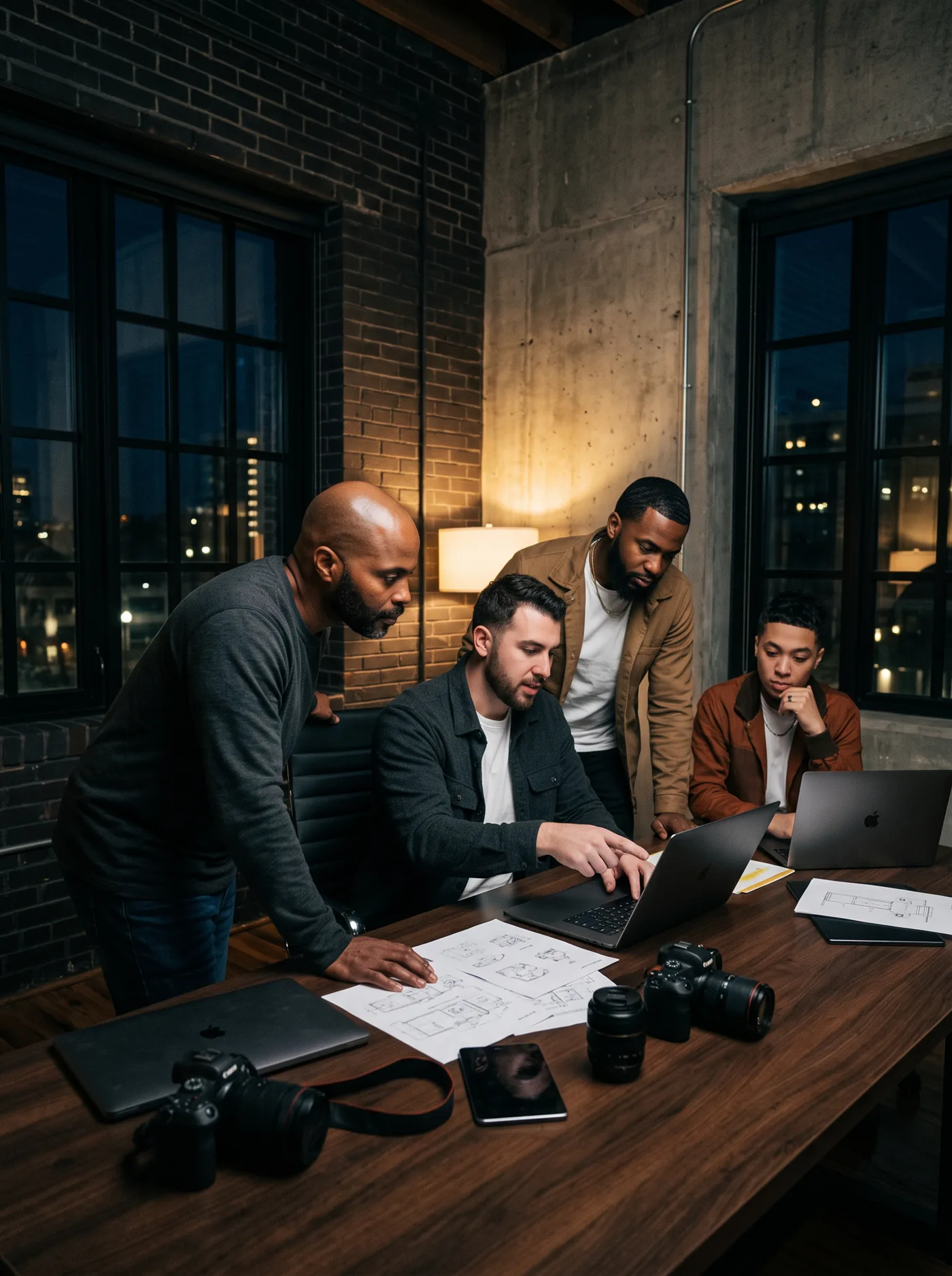 Four business owners gathered around a laptop and printed plans in a brick-and-concrete loft at night
